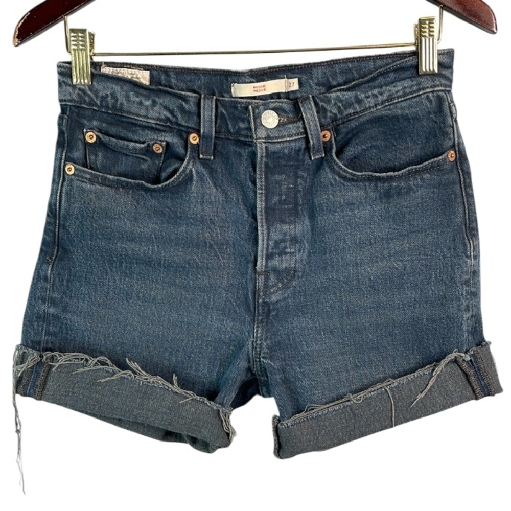 LEVIS Premium Wedgie Fit Upcycled Shorts Black Denim High Waist Button Fly  27 - Picture 2 of 14